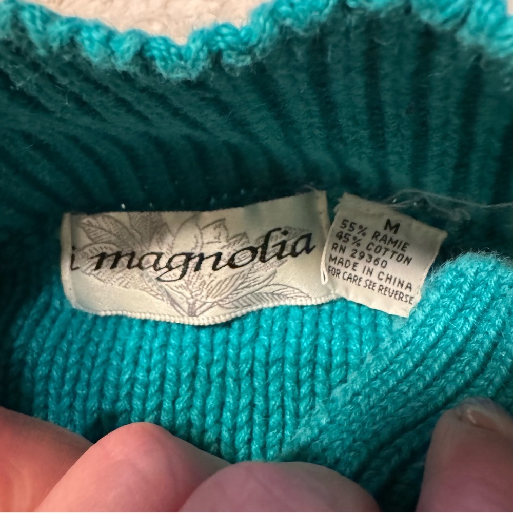 Vintage 90s I Magnolia teal Blue Cable Knit Button Tassel Sweater M Cropped - Picture 6 of 6
